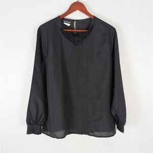 Ann Chabrol Womens Blouse Size 12 Top Black Long Bishop Sleeve Floral Embroidery